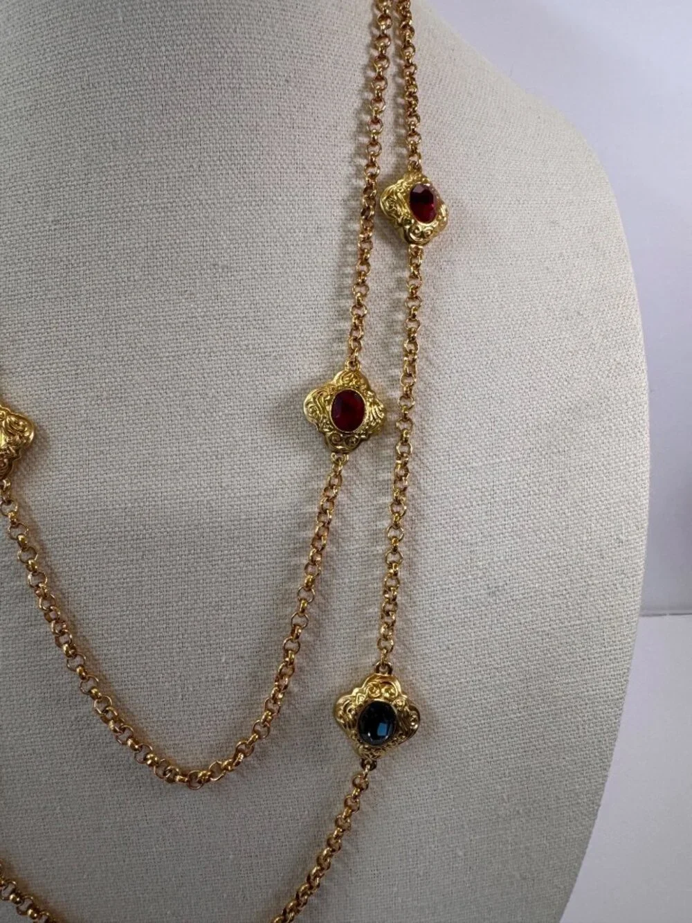 Gold Tone Station Renaissance Revival Necklaces Glass Faceted Set 2pc Statement - Picture 3 of 9